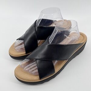 Clarks Jillian Gem Wedge‎ Sandal Black Leather Criss Cross Slip On Unworn SZ 11